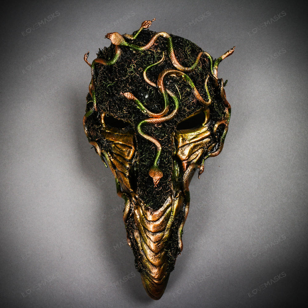 Plague Doctor Raven Medusa Snake Curved Long Nose Mask - Gold